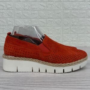Franco Sarto Serla 2 Shoes WMNS 8.5M Red Suede Perforated Wedge Loafer Jute Trim